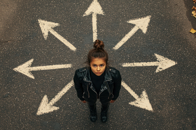 Mädchen auf einer Straße mit vielen Pfeilen. Foto: AdobeStock